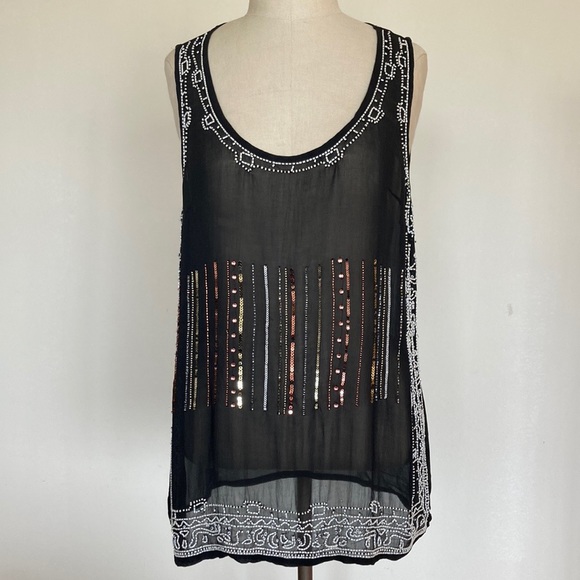 Sheer black sleeveless beaded and sequined top, scoop neck, S - Picture 1 of 6